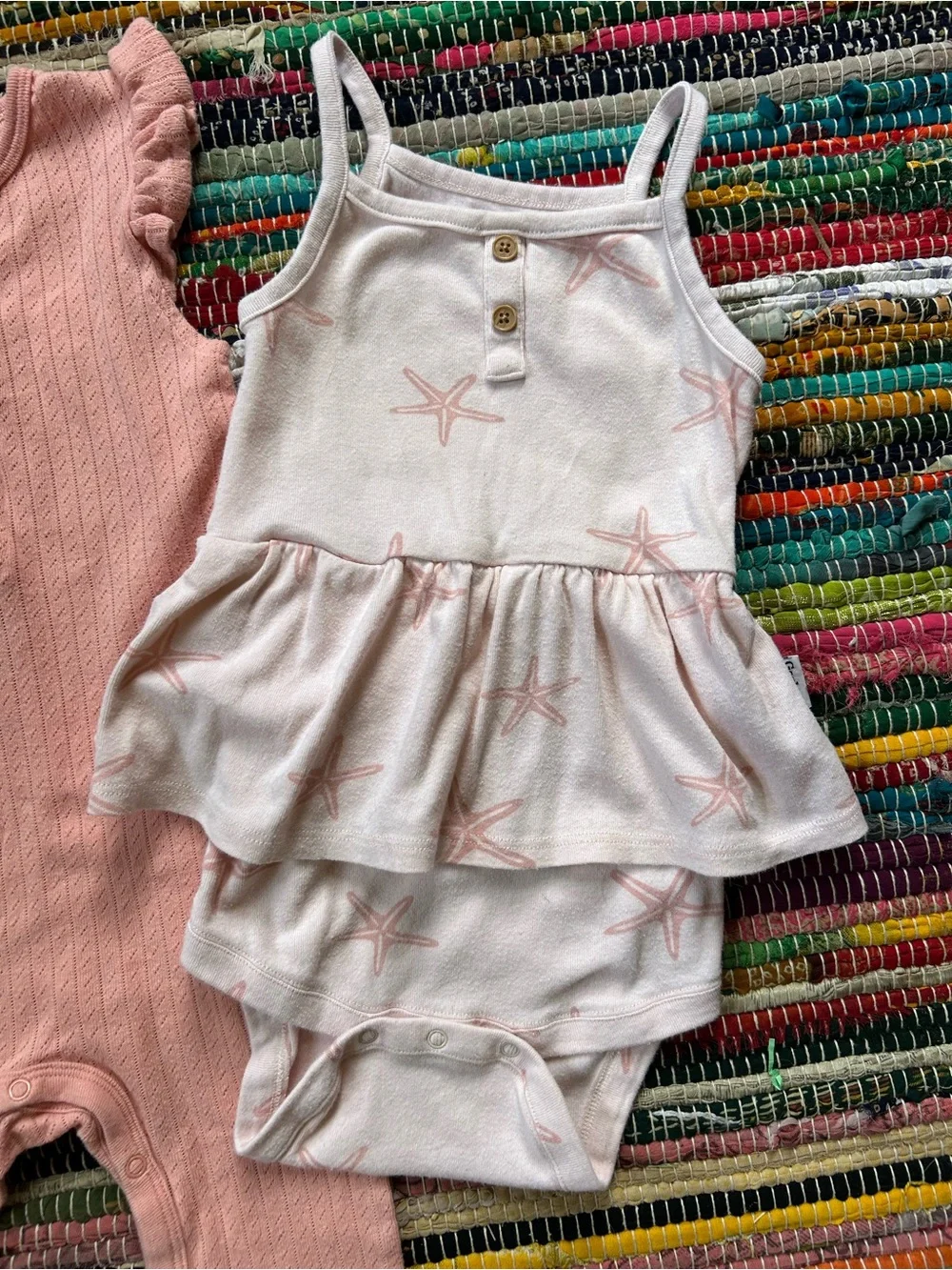 Cloud Island Peach Ribbed Romper & Gerber Starfish Print Ruffled Onesie 18 MOS